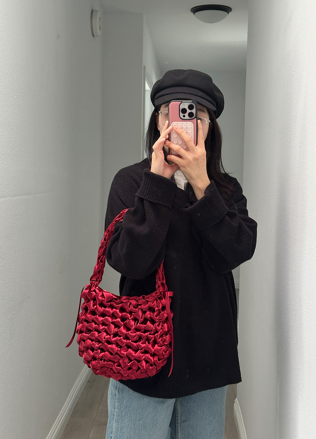 Satin Half-Moon Bag S (Red)