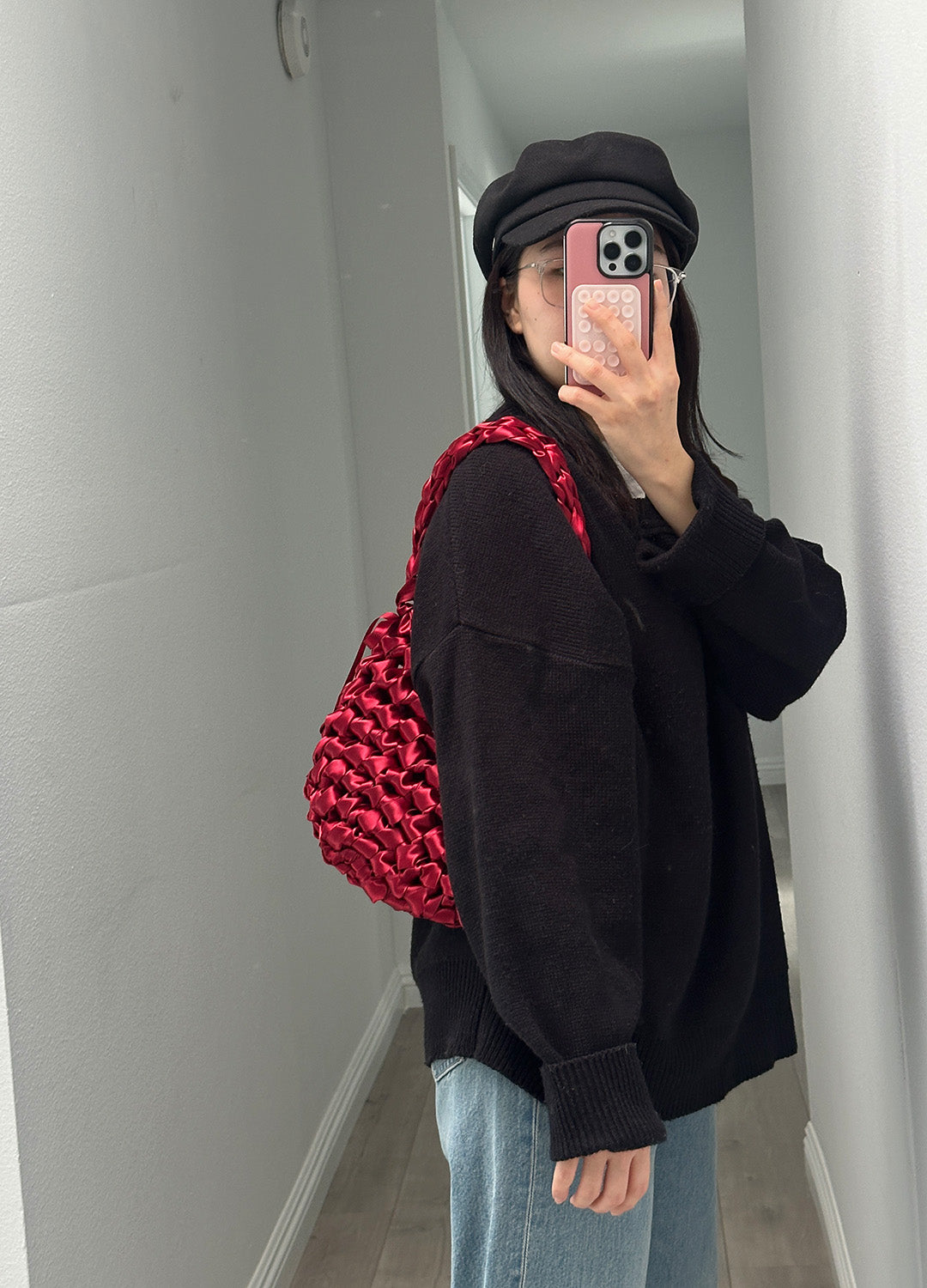 Satin Half-Moon Bag S (Red)