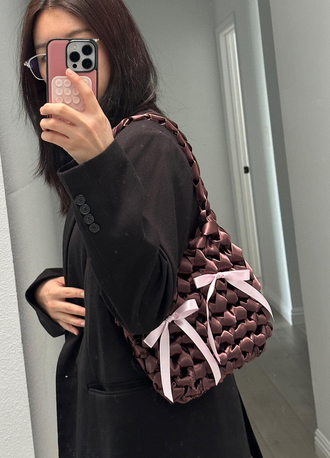 Satin Square Bag S (Brown)